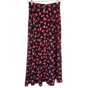 Kathie Lee Vintage 90s Skirt Black Pink Floral Button Rayon Maxi 10 A-Line Twirl